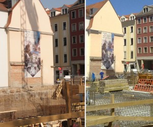 Baufortschritt am Neubau an der Hauptstraße in Richtung Obergraben (im April und Mai 2011) Im April war das Kellerloch noch gut zu sehen. Lediglich die Kellerplatte war bereits fertig. Einen Monat später ist der Kellerbereich bereits beendet. Die Sichtrichtung ist hier von der Hauptstraße aus Richtung Obergraben. Im Hintergrund ist Mit lille Danmark zu erkennen.