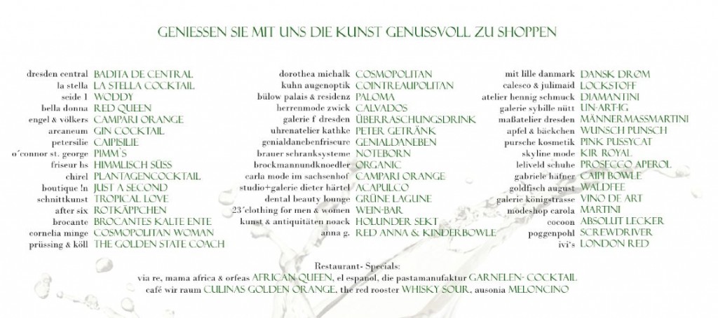 Geniessen Sie mit uns die Kunst genussvoll zu Shoppen - Cocktail-Karte Insgesamt 51 verschiedene Cocktails werden zur 2. Cocktail-Night im Dresdner Barockviertel angeboten.