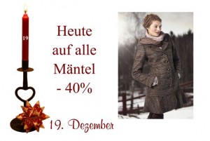 Julekalender - 19. Dezember - Wintermantel von Noa-Noa, Container, Staff oder Ti-Mo Alle Wintermäntel von Noa-Noa, Container, Staff oder Ti-Mo sind am Montag den 19. Dezember um 40% reduziert.