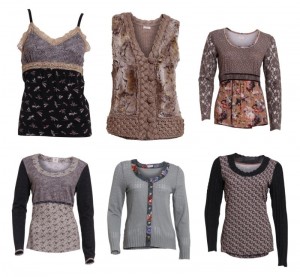 Einzelstücke der neuen Container-Kollektion Autumn 2012 (Quelle: container.dk) Oberer Reihe: Melissa Strap Top, Maribel Knit Vest, Muriel Blouse; Untere Reihe: Meiken Blouse, Madalena Knit Cardigan, Michaela Blouse