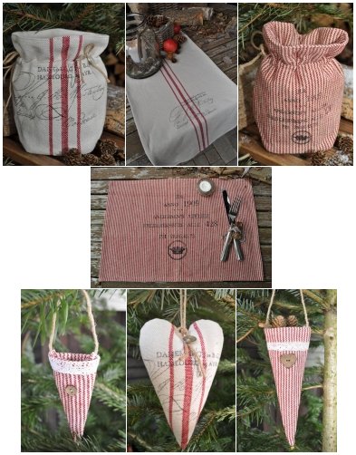 Links oben: 1. Beutel Jute Danemarc 10x20cm - 11,90€ (0120612) 2. Läufer Jute Danemarc mit Text 40x140cm - 16,90€ (0120312), 3. Beutel Jute 1909 rot weiß  gestreift 10x20cm - 11,90€ (018912); Mitte: Tischset Jute 1909 gestreift mit Druck - 6,90€ (018512); Unten: 1. Tüte Jute gestreift 7x12cm - 4,90€ (01213A), 2. Herz jute Danemarc 13x20cm - 7,90€ (0120812), 3. Tüte Jute gestreift -9x22cm - 6,90€ (0121312)