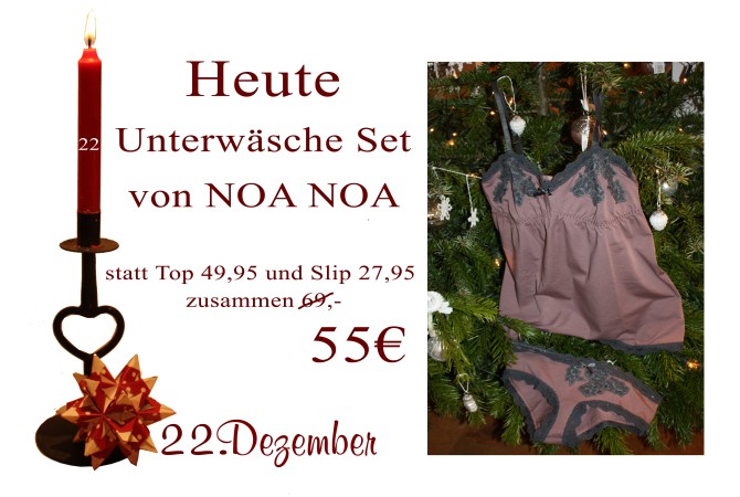 Unterwäsche-Set von Noa-Noa Am Samstag den 22.12.2012 gibt es das Noa-Noa Top (49,95€) sowie den Noa-Noa Slip (27,95€) zusammen für nur 55€.