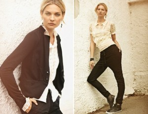 Links: Shirt 1-2191-1, Jacket 1-2226-1, Trousers 1-2088-1, Earrings 1-2105-1; Rechts: Top 1-0533-4, Shirt 1-2134-1, Trousers 1-2227-1, Earrings 1-2367-1, Bracelet 1-2109-1, Shoes 1-2253-1